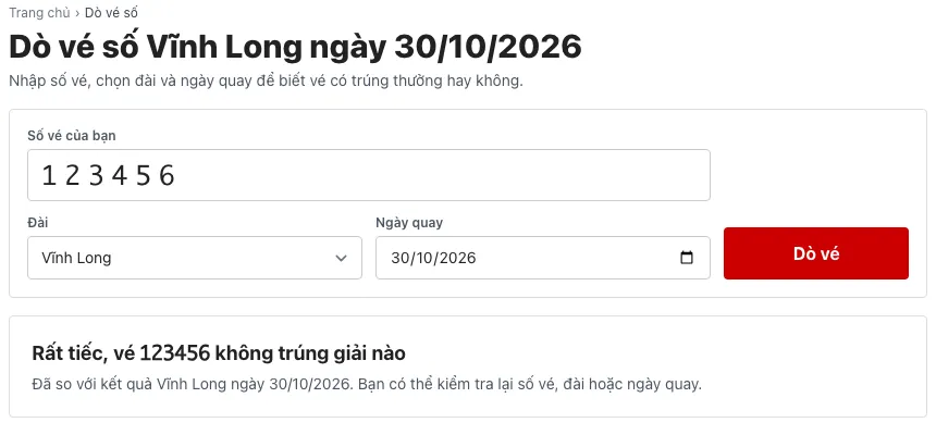 Trang dò vé số Vĩnh Long báo vé 123456 không trúng giải nào