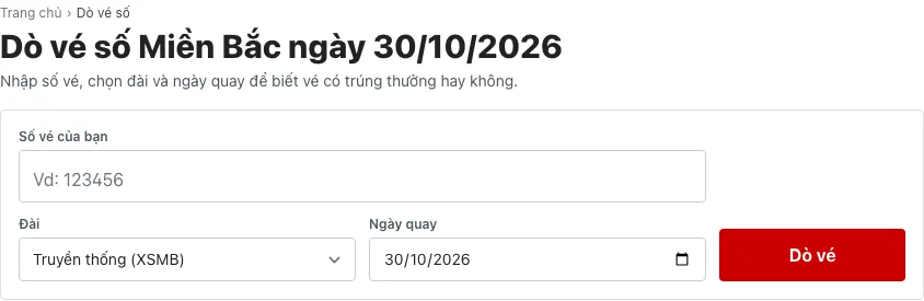 Biểu mẫu dò vé số trên ketqua365.net gồm ô số vé, chọn đài và ngày quay