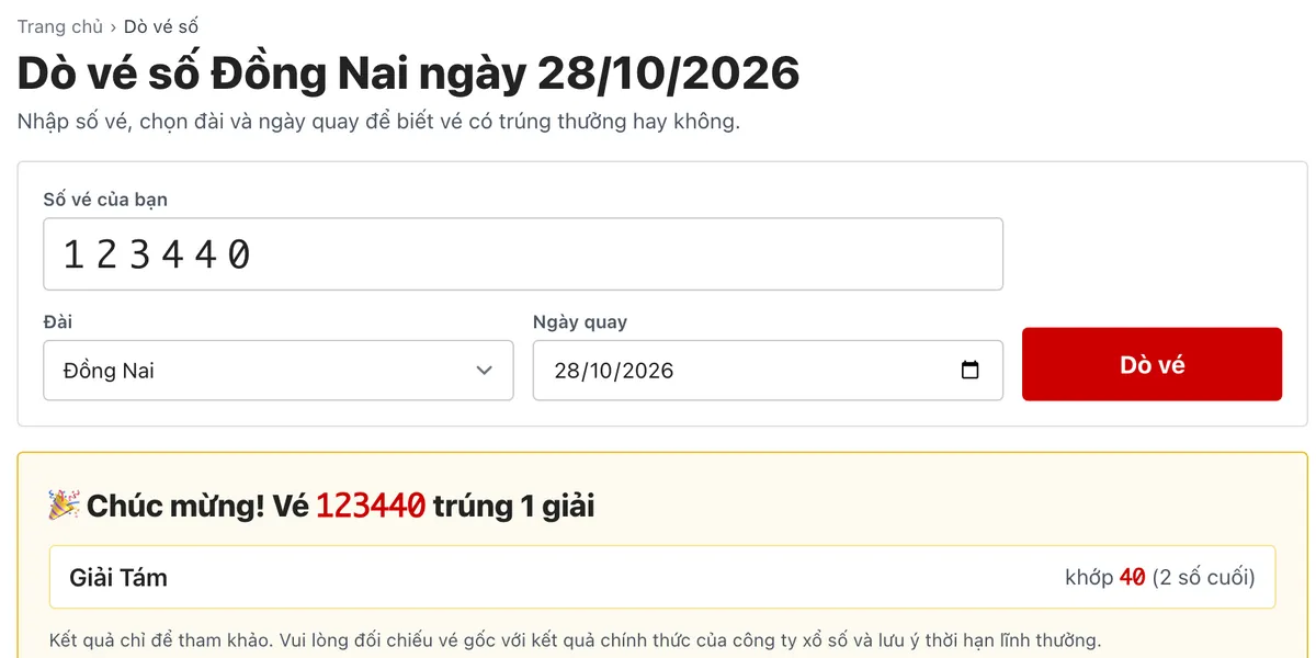 Công cụ dò vé số trên ketqua365 với vé 123440 đài Đồng Nai trúng Giải Tám