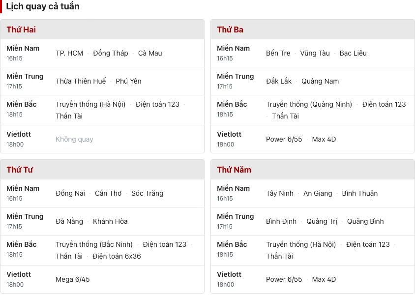 Lịch quay thưởng cả tuần trên ketqua365.net từ thứ Hai đến thứ Năm, gồm Vietlott 18h00
