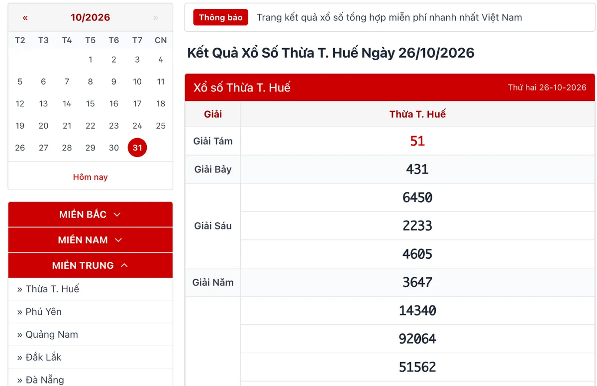 Trang đài Thừa T. Huế ngày 26/10/2026 kèm lịch tháng và danh sách đài miền Trung