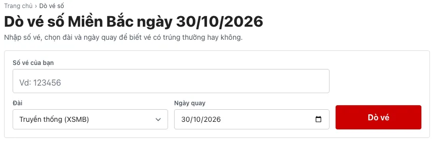 Ô nhập số vé, chọn đài và ngày quay trên trang dò vé số trực tuyến
