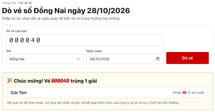 Trang dò vé số Đồng Nai báo vé 000040 trúng giải tám khớp hai số cuối