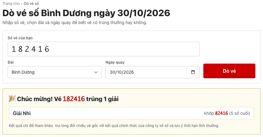Dò vé Bình Dương 182416 trúng giải nhì kèm lưu ý đối chiếu vé gốc