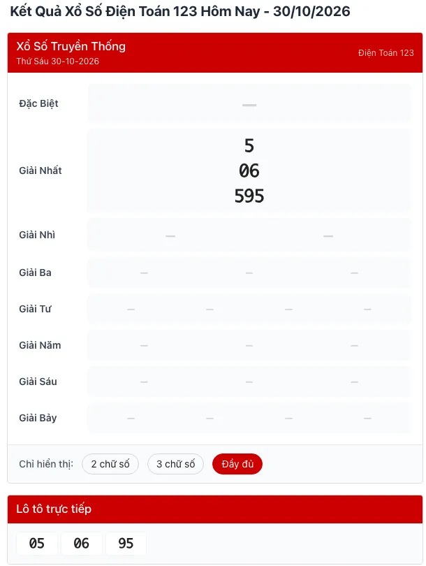 Kết quả điện toán 123 ngày 30/10/2026 trên ketqua365.net gồm ba bộ số 5, 06, 595